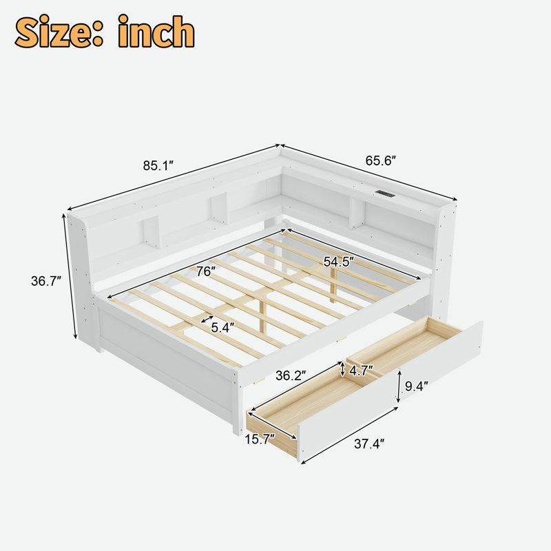 L-shaped Daybed With Bookcases, Power Outlets, Usb Charging Ports And 2 Drawers, Whtie