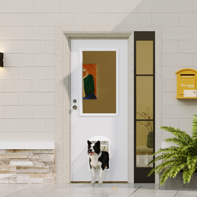Entry Door Slab With Magnetic Pet Door & Deadbolt Lock – 1-Lite Clear Glass, White Primed Solid Wood, Stainless Steel Lock Hardware (Single-Key System)