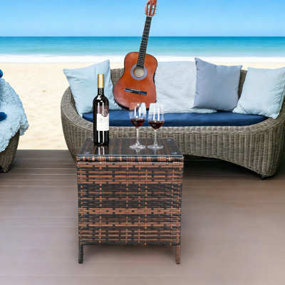 Outdoor Wicker Side Table With Storage Tempered Glass Top Patio End Table
