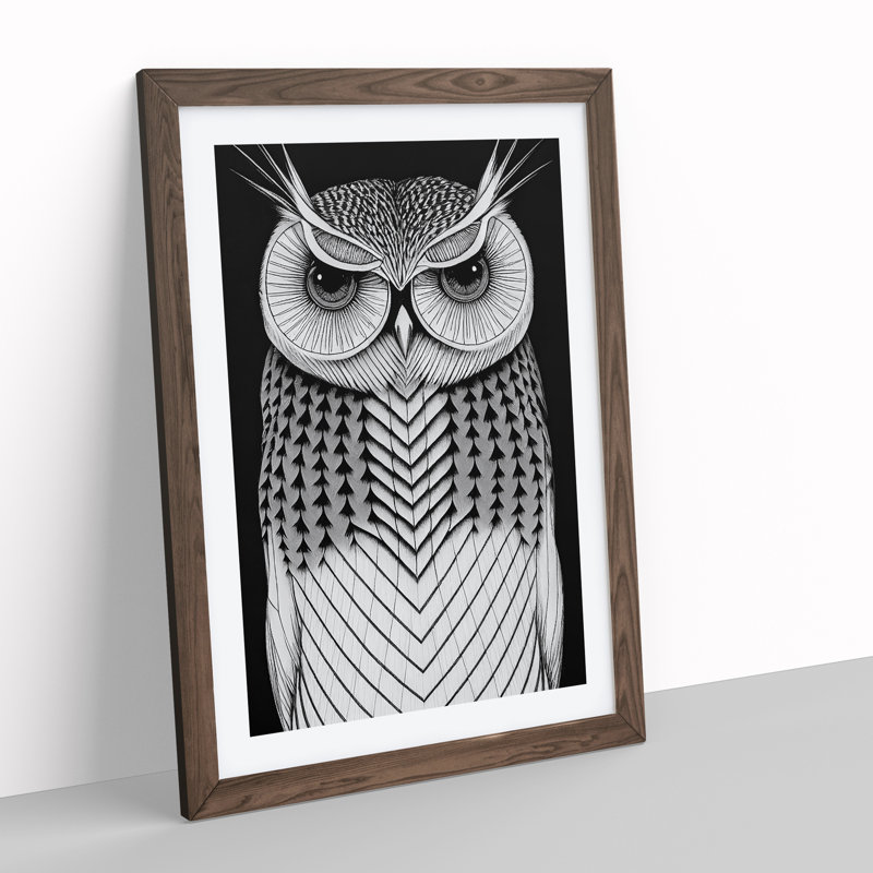 Owl in Monochrome No.4 - Framed Print, 34cm H x 25cm W x 2cm D, Walnut