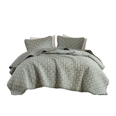 3-Piece Queen 3 Piece Ruffle Printed Quilt Set,Sage Green