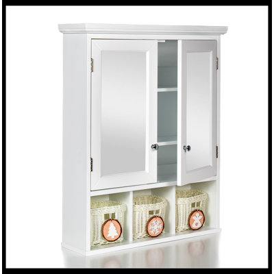 Armoire de rangement pour salle de bain, armoires à pharmacie avec miroir, 2 portes 4 tablettes réglables + 3 paniers de rangement de style Noël, armoire murale en bois blanc pour la salle de bain
