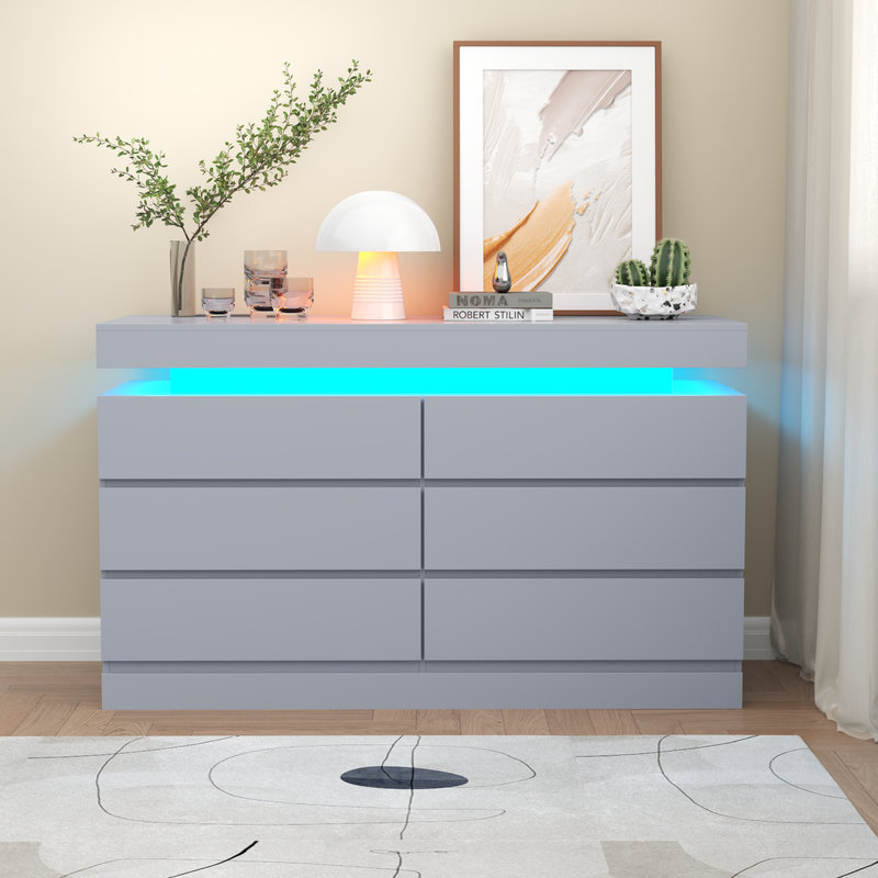 Shellise 6 Drawer 47.2" W Dresser with Power Outlet, Dresser with LED Light, Gray
