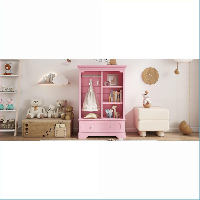 Armoire pour enfants avec tablettes ouvertes, tringle suspendue et amp; Tiroir | Profil bas | Rose | Panneau de particules et panneau de fibres à densité moyenne