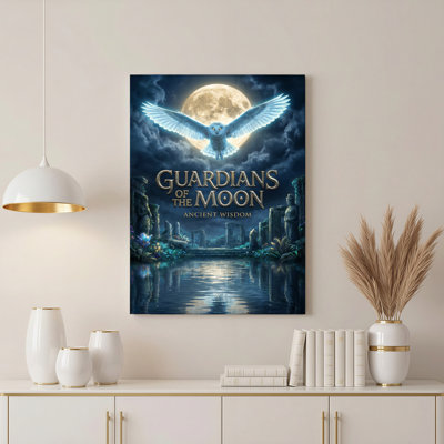 Guardians Of The Moon Ancient Wisdom Owl And Full Moon Fantasy Landscape Canvas Wrapped Wall Art Oil Painting Print Set Of 1