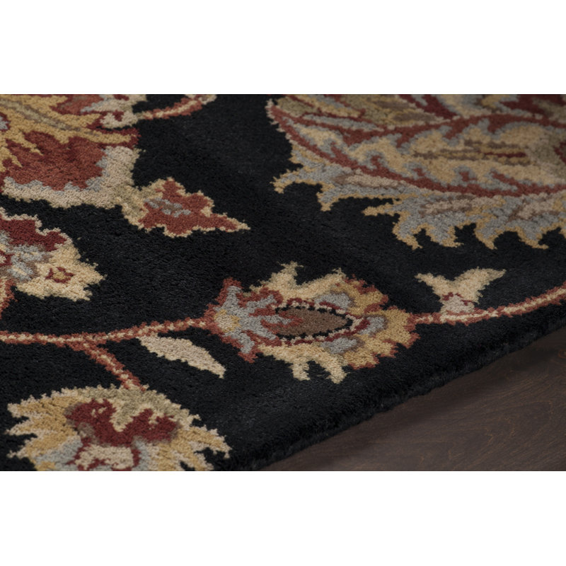 Tapis oriental traditionnel en laine touffeté à la main noir, beige, rouille et vert sauge Bartz, Rectangulaire 7 pi x 10 pi