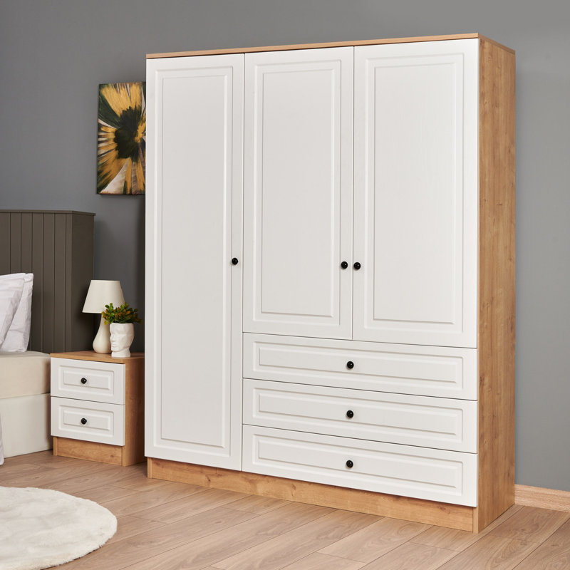 Armoire en chêne saphir avec 3 portes et 3 tiroirs, 20,5 po x 59,1 po x 74,8 po | Panneau de particules 100% enduit de mélamine, assemblage facile, charnières de frein à friction, accents noirs élégants | Parfait pour les chambres à coucher modernes et les solutions de rangement