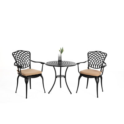 3 Piece Bistro For Outdoor, Cast Aluminum Furniture, All Weather Resistance, Rust Proof, Black With Cushion Garden Rugged And , Balcony