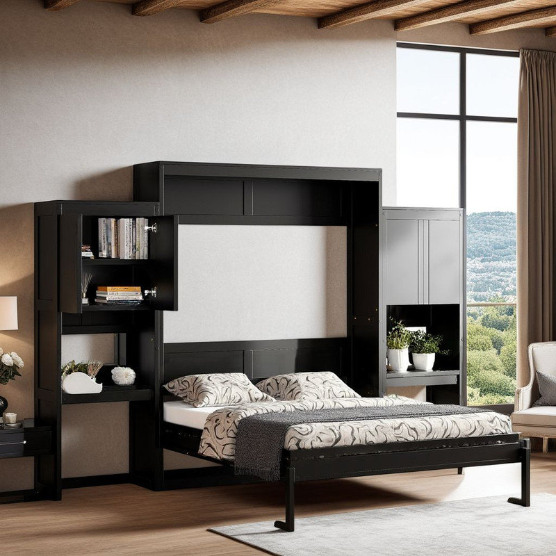 ??Queen Murphy Bed ??Wall Bed with Desk & Vanity - Space-Saving, Multi-Functional Storage?