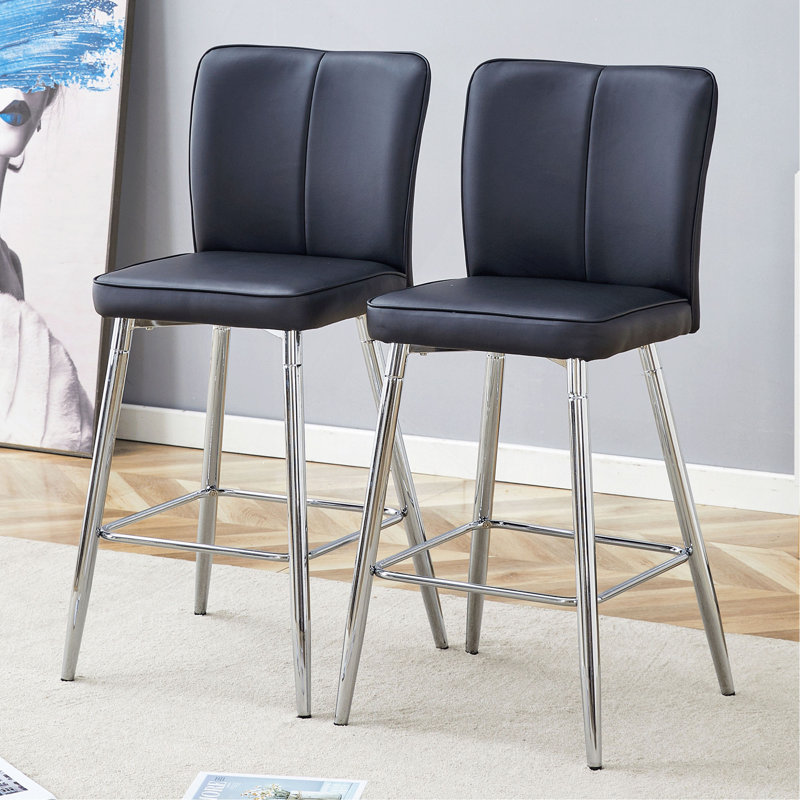 Ensemble de chaises de bar modernes en polyuréthane noir - deux pièces, le dossier a une conception verticale et lisse avec des pieds en métal argenté. Convient pour un placement dans les bars, les salons, les bars et autres espaces.