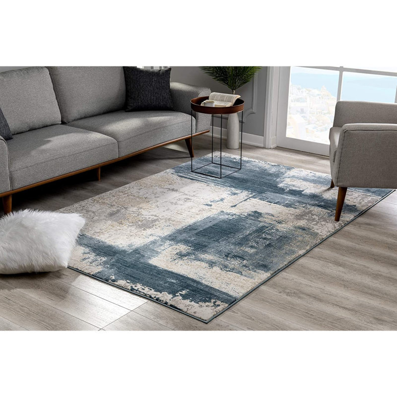 Tapis crème et bleu, Rectangle 9 pi x 12 pi