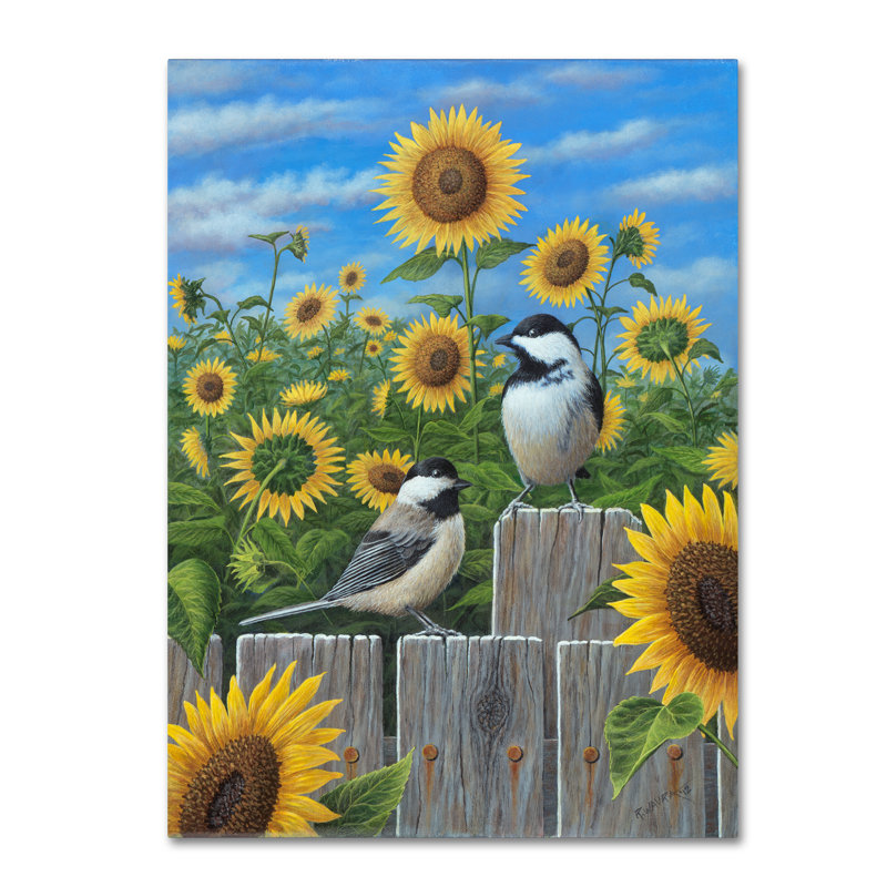 «Chickadees and Sunflowers», impression sur toile tendue, H 32 po x l 24 po x P 2 po