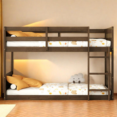 Twin Over Twin Floor Bunk Bed With Paneled Headboard, Guardrails And Built-In Ladder
