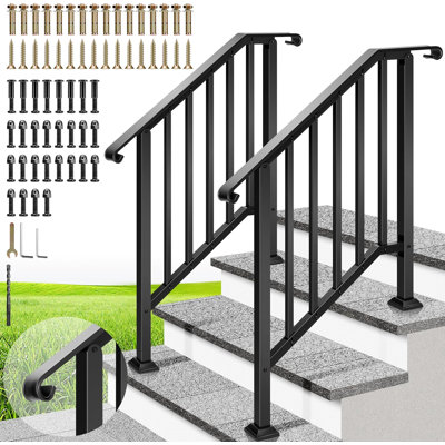 3 Step Galvanized Steel Exterior Hand Rails with Curved Ends and Safety Balusters(2-Pack)