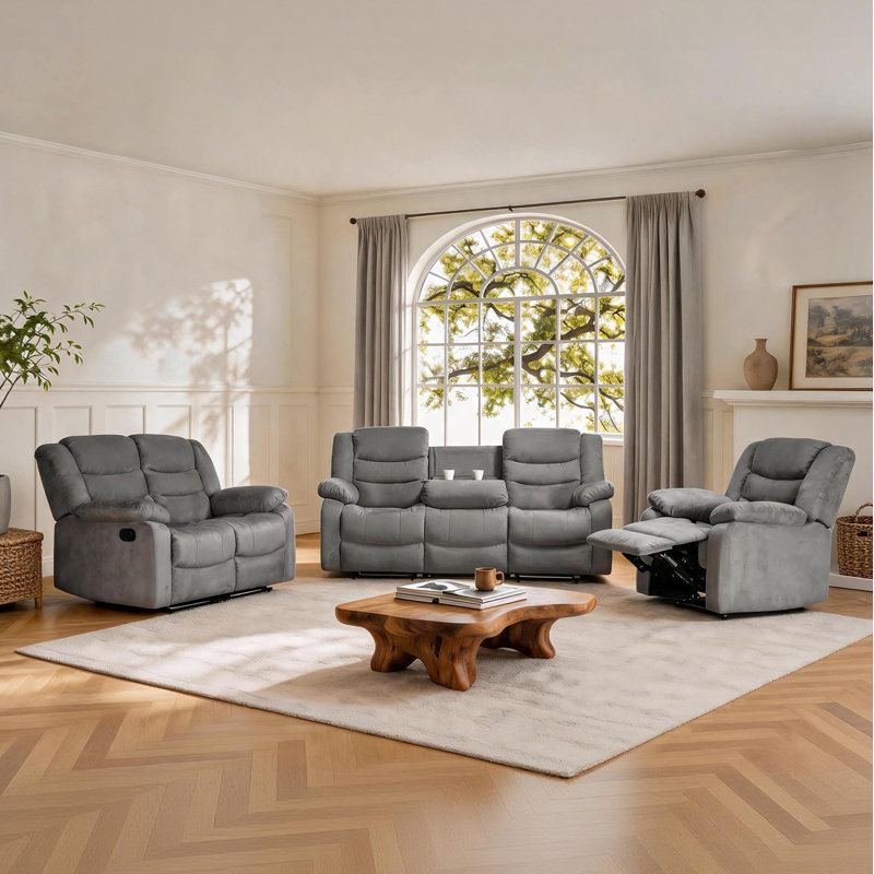 3-Piece Modern Suede Upholstered Soft Reclining Living Room Set, Gray