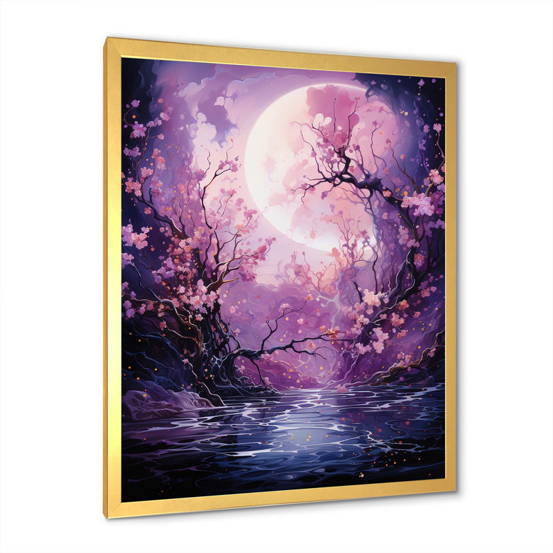 Lune fleur nocturne I, Cadre doré simple, H 20 po x l 12 po x P 1 po