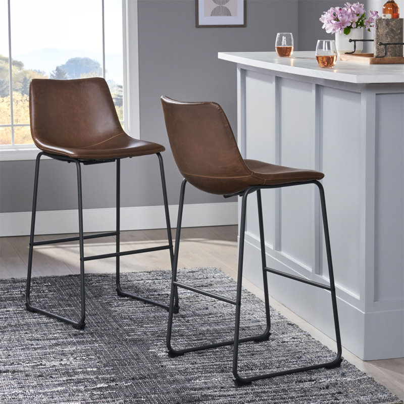 Set Of 2 30" Cedric Faux Leather Barstool, Brown, Bar Stool (30" Seat Height)