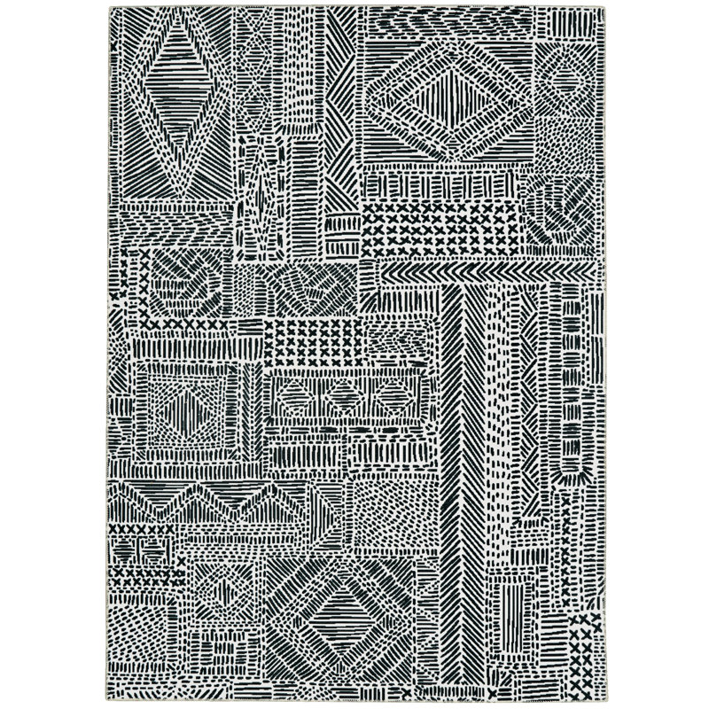 Joris Machine Washable Ivory and Black Area Rug, Rectangle 5' x 7'