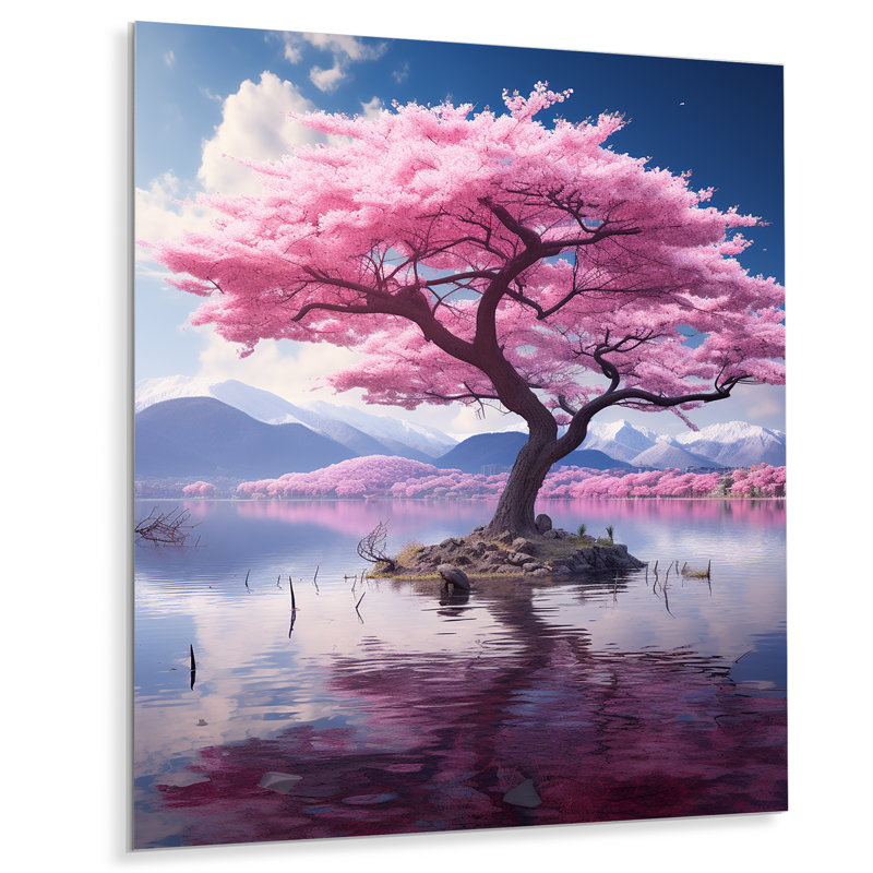 Fleur de cerisier majestueux dans un lac de montagne - Art mural cerisier en fleurs, H 32 po x l 24 po, Sans cadre