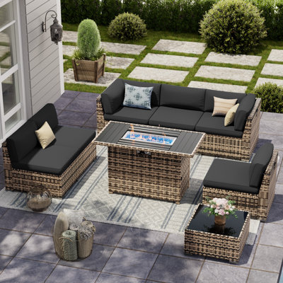 Ensemble de conversation de patio en rotin de 7 pièces jaune avec table de foyer au propane, ensemble de mobilier de patio modulaire en acier toutes saisons, 4 chaises sans accoudoirs + 2 canapés d'angle + table basse + table de foyer à gaz pour terrasse, cour arrière, porche