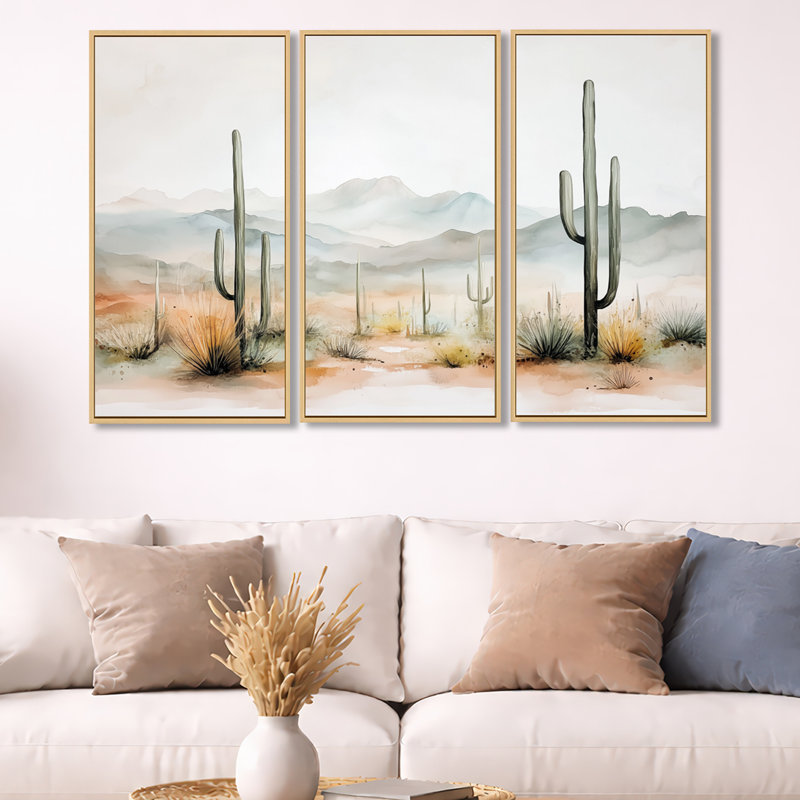 Hush Mesa Cactus Panorama II - Southwestern, ensemble de 3 reproductions sur toile encadrées, H 32 po x l 48 po