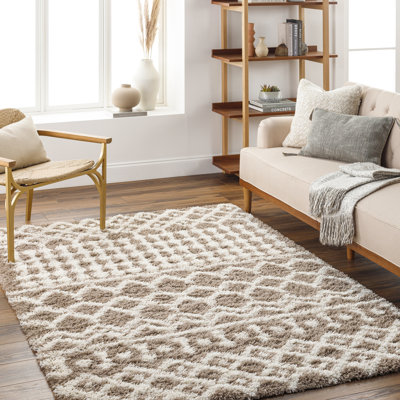 Medium Brown Modern Shaggy Rug, Geometric Stain Resistant Easy to Clean Rug For Living Room, Dining Room, Bedroom