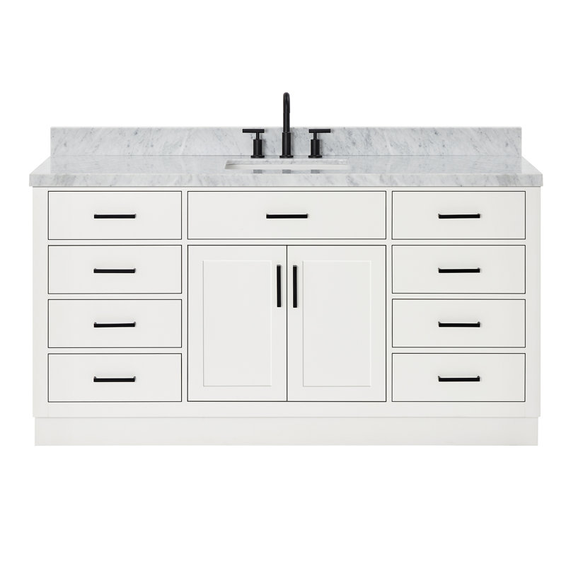 Meuble-lavabo simple en bois massif 66 po avec plateau en marbre de Carrare Tidworth, Blanc, Forme rectangulaire