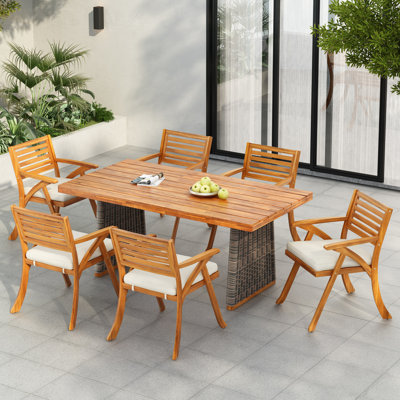 Ensemble repas d'extérieur 7 pièces en bois d'acacia avec pieds en rotin tissé à la main, osier gris