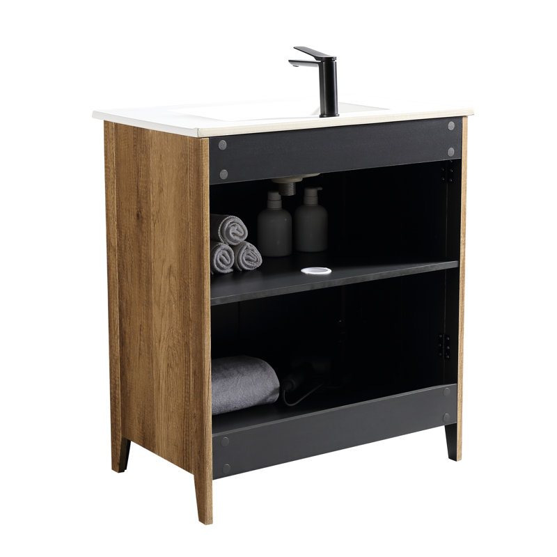 Armoire de plancher pliante en chêne doré de 30 pouces avec évier - Assemblage rapide et facile, solution de salle de bain compacte, panneau à faible teneur en formaldéhyde, empreinte digitale - mat, charnières silencieuses, aspect 3D, capacité de rangement pliable