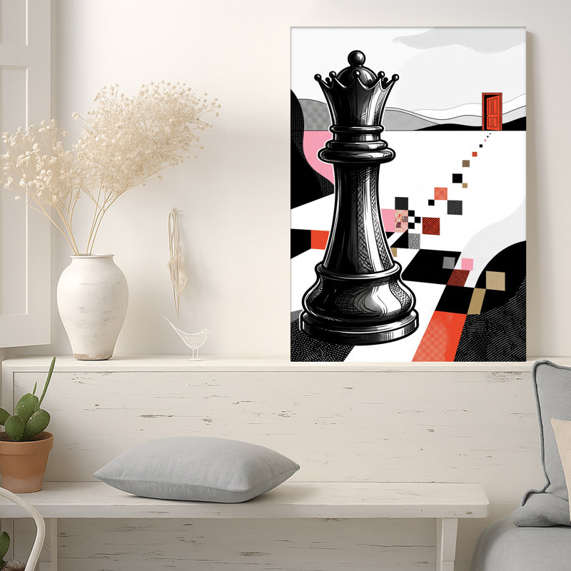 «Black Chess Queen» sur un chemin géométrique menant à une porte rouge, H 48 po x l 32 po