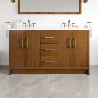Ensemble de meuble-lavabo double 60 po en noyer avec dessus en pierre d'ingénierie Arabescato et lavabos sous-comptoir en porcelaine Belfield