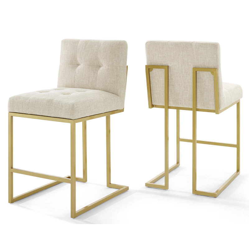 Ensemble de 2 tabourets de bar rembourrés en acier inoxydable Privy Gold, Mélange de polyester beige
