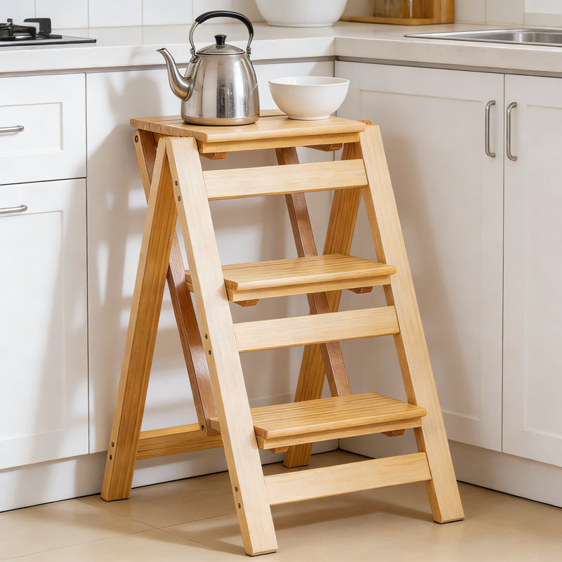 Escabeau pliable en bois avec tablette, capacité de 330 lb, coussins antidérapants pour le rangement de la cuisine, du jardin et de l'affichage décoratif