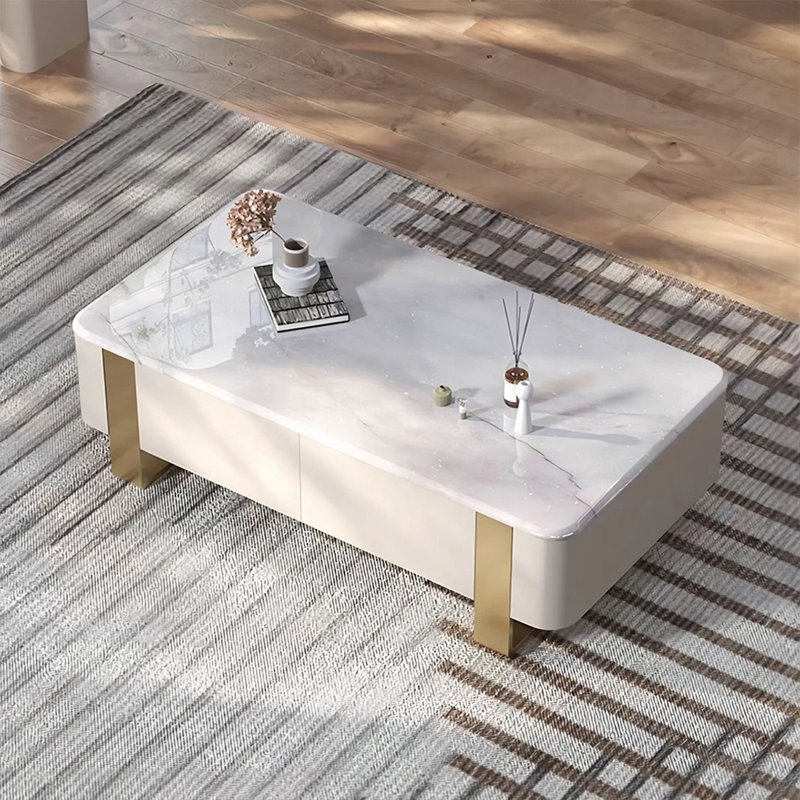 Table basse rectangulaire en bois manufacturé, Blanc, Doré