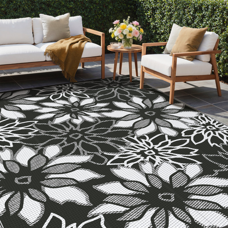 Tapis d'extérieur réversible Shimeek, tapis d'extérieur imperméable en plastique, Rectangle 6 pi x 9 pi,  Noir / blanc