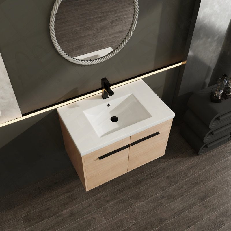 Ensemble de meuble-lavabo pour salle de bain avec comptoir en résine facile à assembler, Chêne, 30"