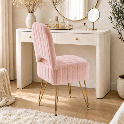 Fauteuil de coiffeuse moderne avec dossier - grand repose-pieds carré avec rangement - Fausse fourrure de lapin douce, rangement caché - chambre ou salon, capacité de 280 lb - rose, grand