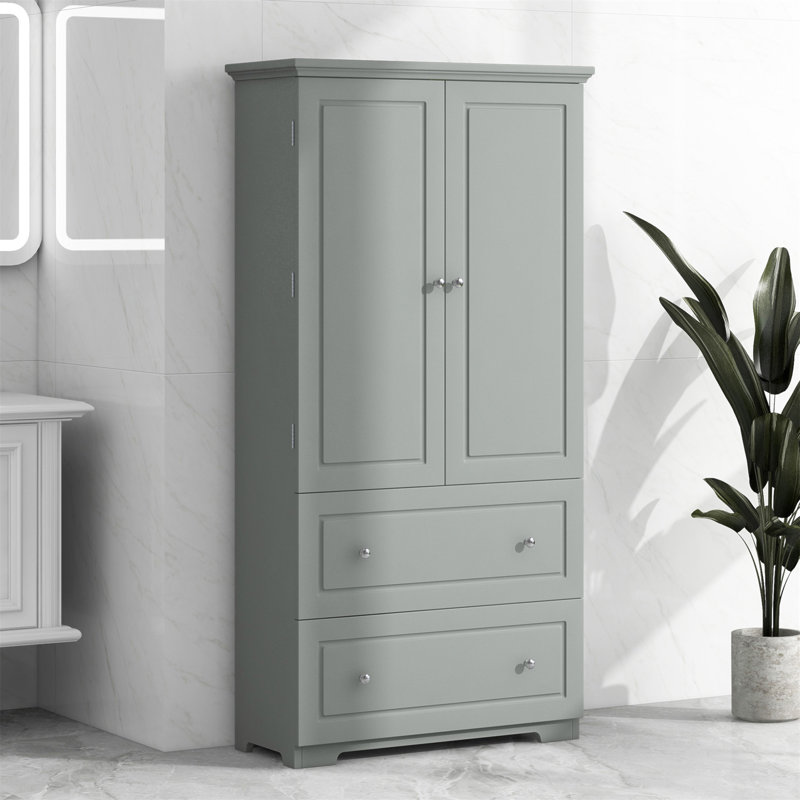 Large armoire de rangement pour salle de bain avec deux tiroirs et tablette réglable, panneau de fibres à densité moyenne avec finition peinte, autoportante et imperméable