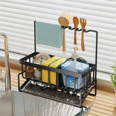 Porte-éponge pour évier de cuisine avec tringle à outils, étagère de rangement en acier inoxydable, étagère verticale avec tringle en tissu, égouttoir de cuisine, étagère de rangement pour évier