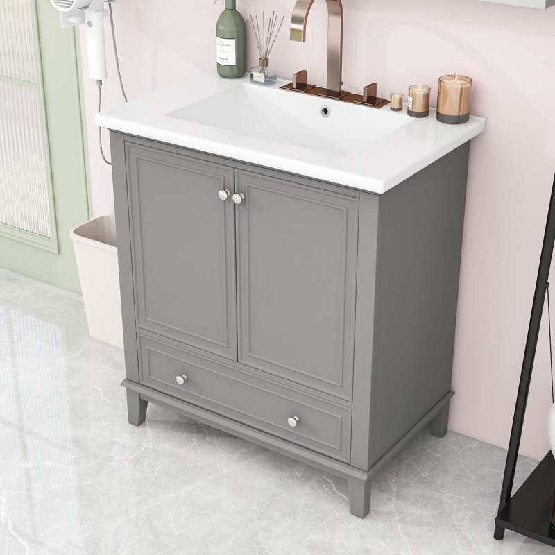 Meuble-lavabo chic de 30 pouces avec lavabo en céramique encastré et tablette réglable, Gris