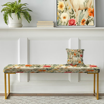 Rustic Barnyard Sheep Blooms - Vintage Upholstered Gold Bench