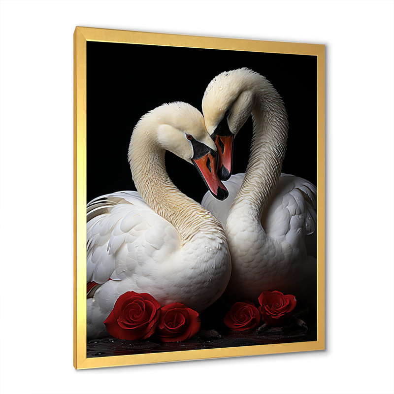 Portrait romantique de cygnes - décoration murale animaux cygnes, Cadre doré simple, H 40 po x l 30 po