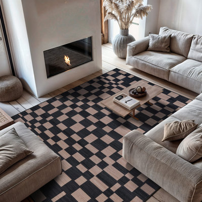 Tapis à carreaux gris ardoise, lavable à la machine, en polyester avec envers antidérapant