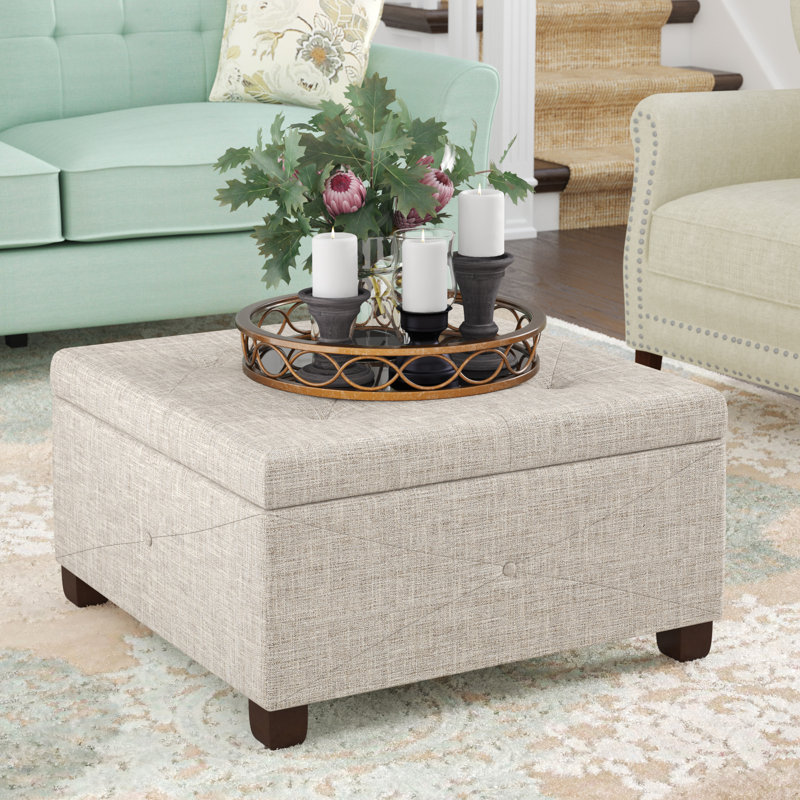 Della Button Tufted Square Storage Ottoman, Beige