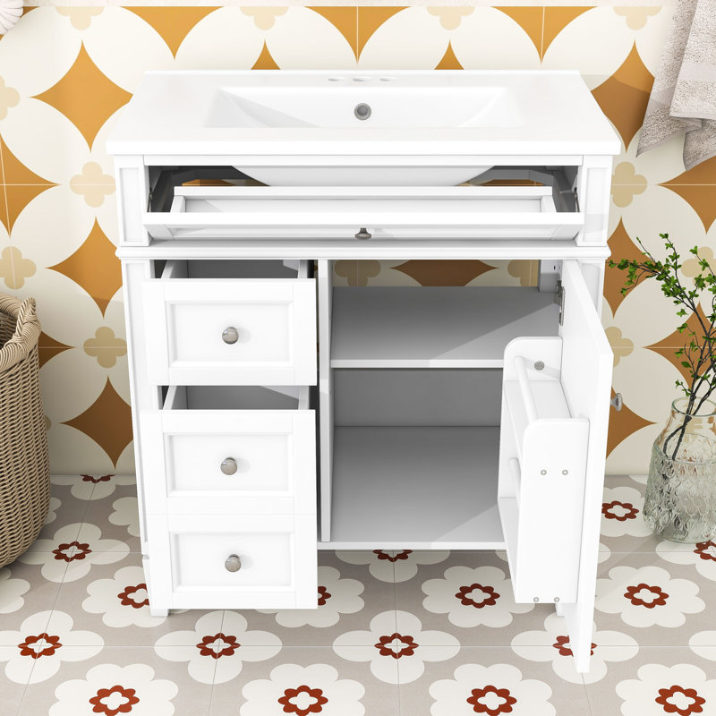 Sriyaan Bathroom Vanity with Ceramic Top, Bathroom Storage Cabinet with 2 Drawers and Tip-out Drawer, White, Silver