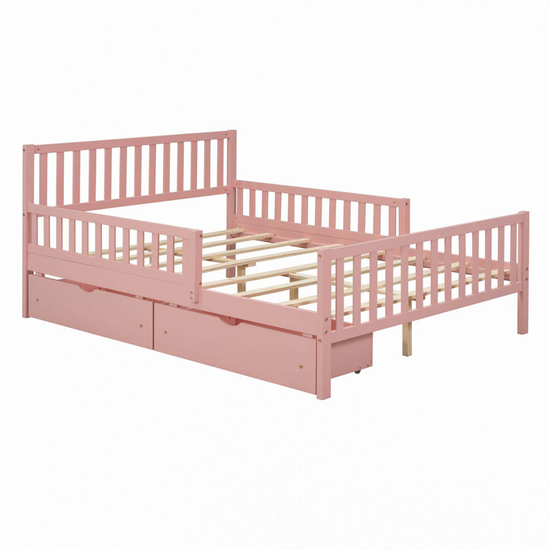 Lit plateforme en bois avec garde-corps des deux côtés et deux tiroirs de rangement, Double, Rose