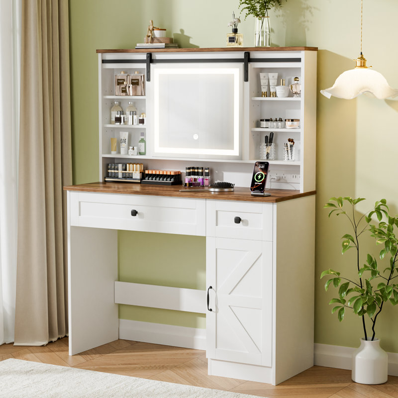 ‌modern Nordic Style Makeup Vanity With Led Mirror, Multi - Layer Storage & Sliding Door, Compact Design For Bedroom
