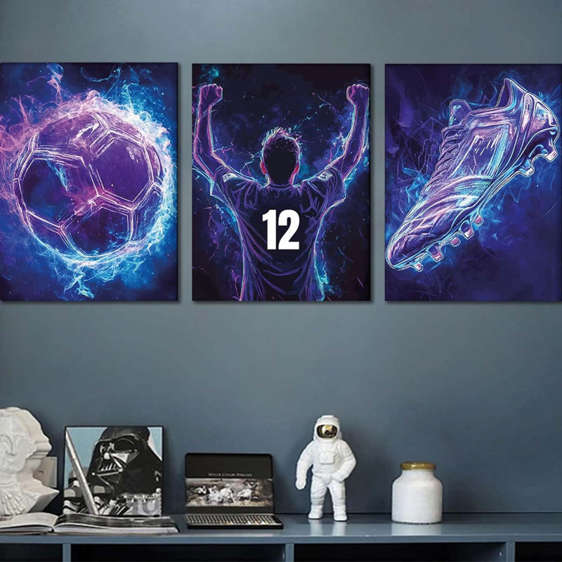 3Pcs Cool Football Canvas Wall Art Neon Themed Wall Decor Pictures Abstract Sneakers Posters Prints Paintings For Lovers Living Room Bedroom Decoration Prepare To Hang 12X16 Inch