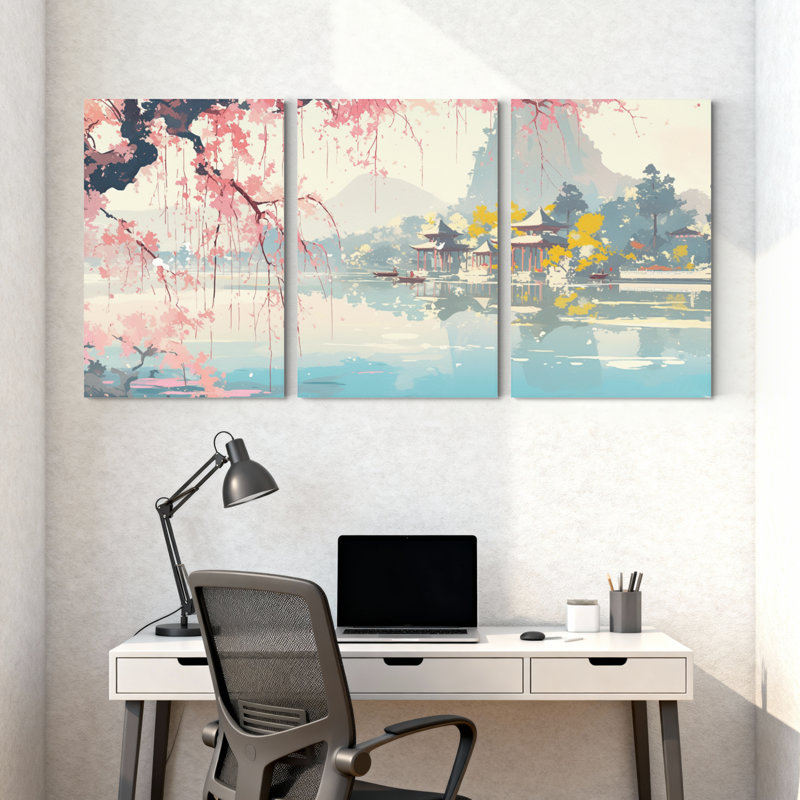 Paysage et nature Cherry Blossom Lake Temple Reflections Mountains Spring Scenery Ensemble de 3 impressions d'art sur toile