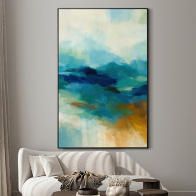 Extra Large Abstract Ocean-Inspired Wall Art Print - Blue and Teal Brushstroke Contemporary Artwork Decor for Living Room or Bedroom, Frame Assembly Required (Frame Assembly Required)
